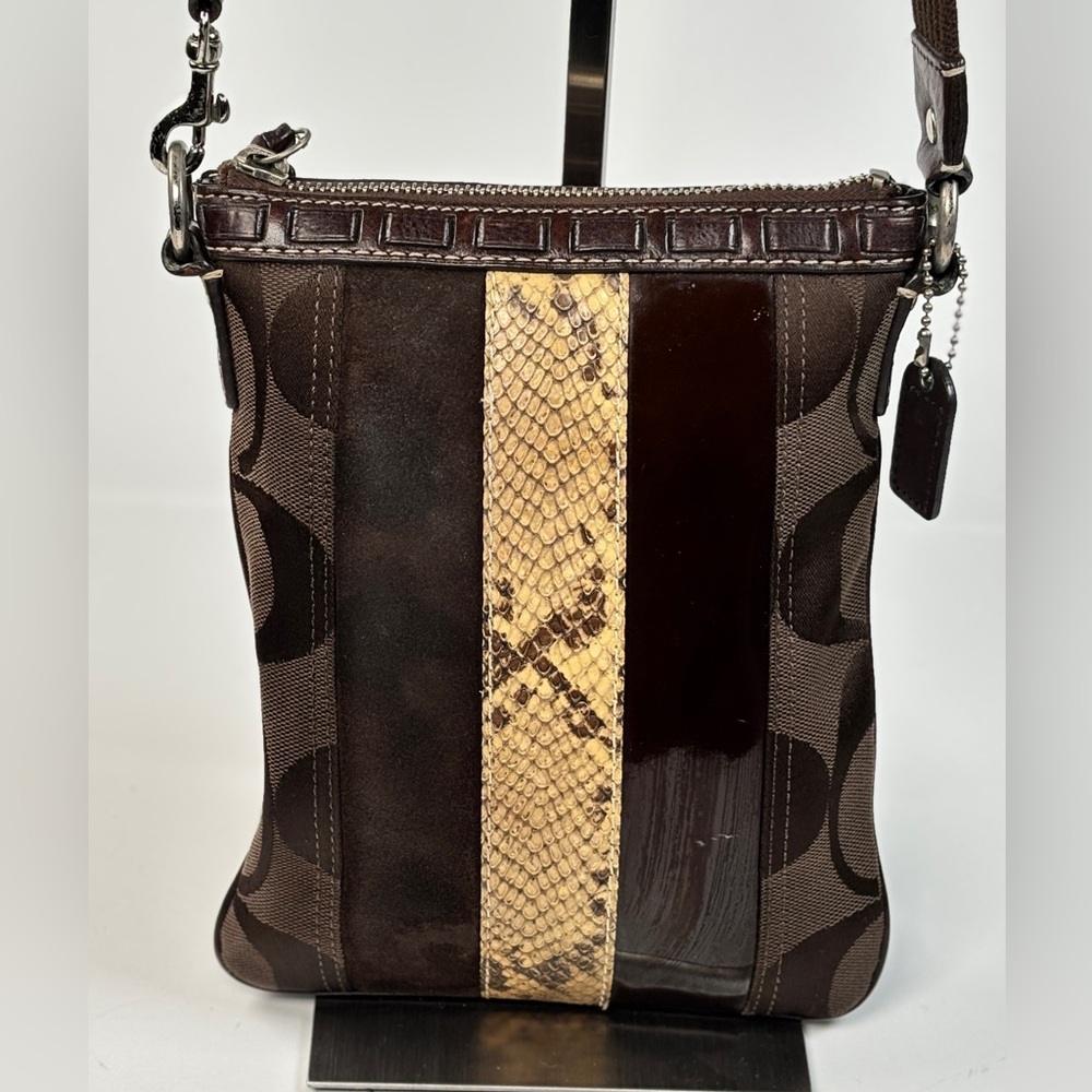 Coach Brown & Cream Crossbody with Snakeskin Stripe. Patent suede 2006